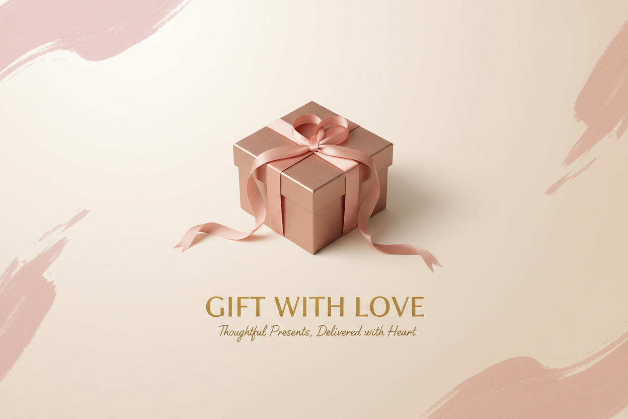 Minimalist website banner for a gift shop named Gift with Love. Soft neutral background with blush accents, a single elegant gift box with a ribbon forming a heart shape. Clean layout, modern typography space, warm lighting, romantic but simple aesthetic, premium brand feel, high-resolution digital art